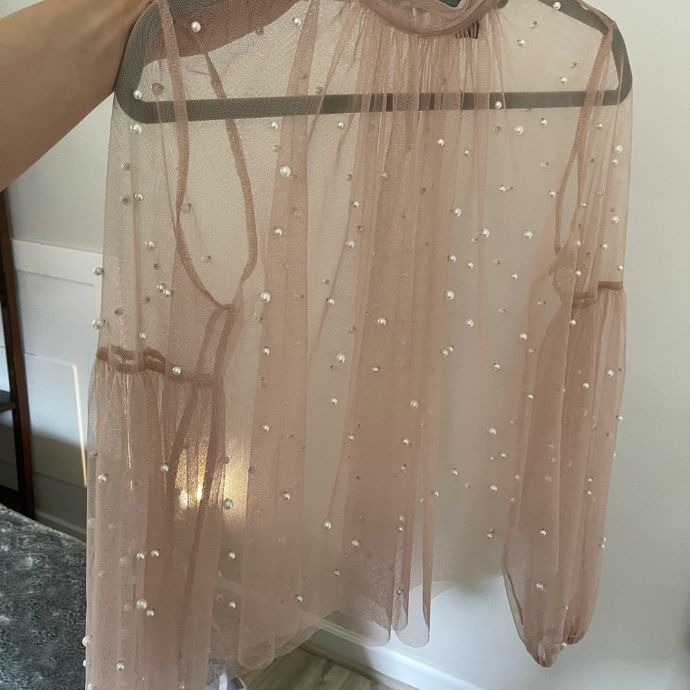 Sheer Nude Pearl-Embellished Top
